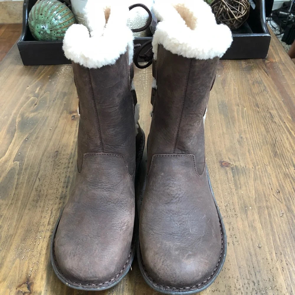 UGG Brown Leather Shearling-Lined Winter Boots